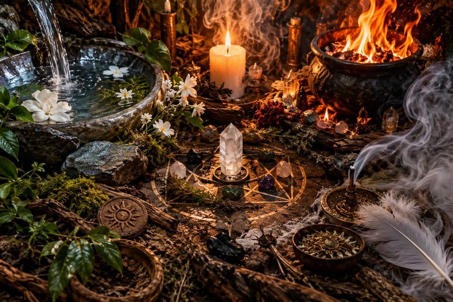 Altar de los cuatro elementos: fuente de agua con flores blancas, caldero con fuego, incienso con pluma blanca y tierra con cristales sobre un pentáculo