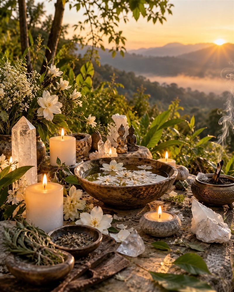 Altar de magia blanca al amanecer frente a las montañas, con velas blancas, flores, cuenco de agua con flores, cristales de cuarzo e incienso