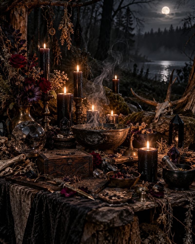 Altar de magia negra de noche en el bosque bajo la luna llena, con velas negras, caldero humeante, rosas rojas, cristales oscuros y un cráneo con astas