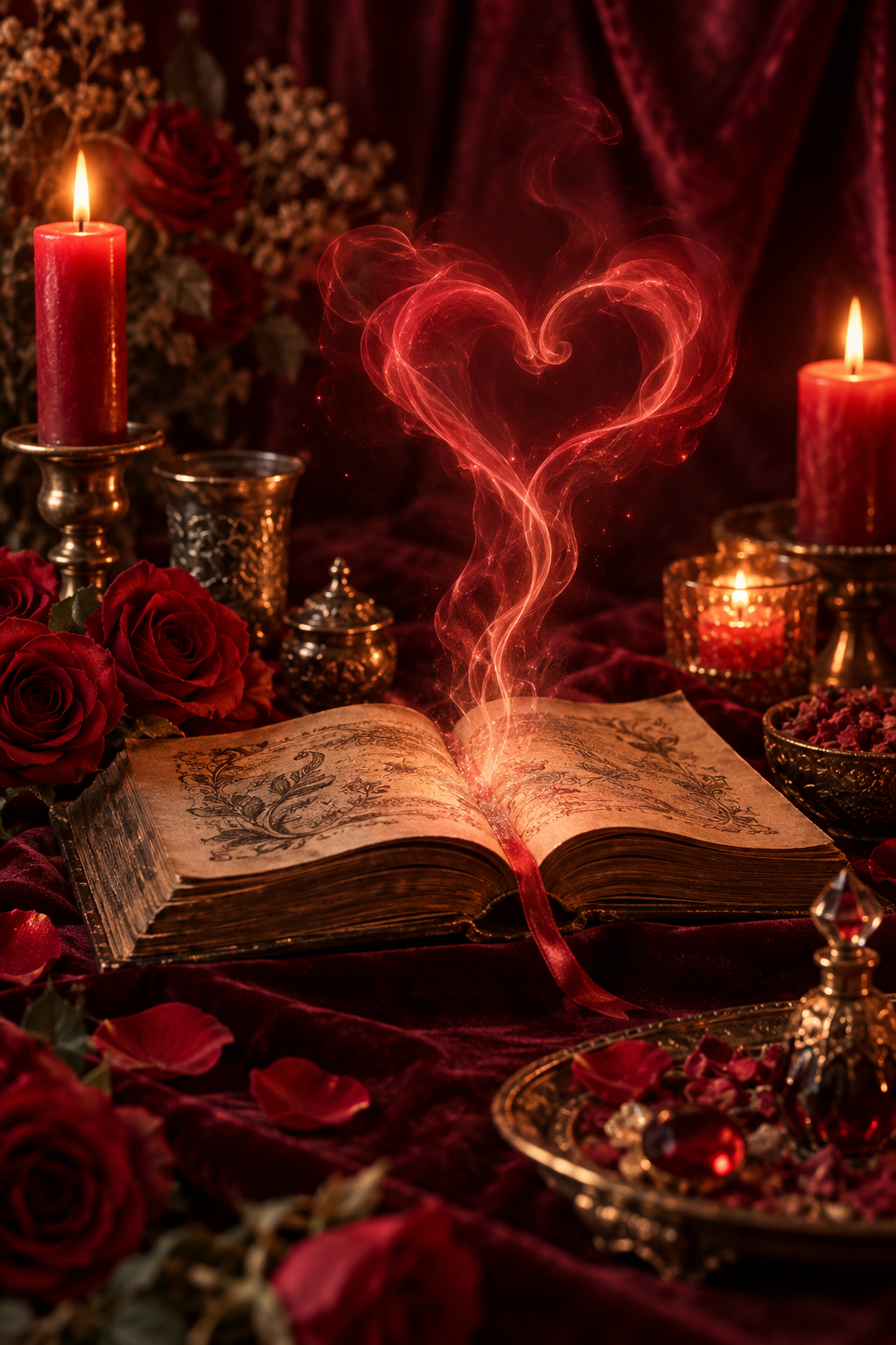 Magia roja con rosas, velas encendidas y un corazón de luz sobre un libro antiguo