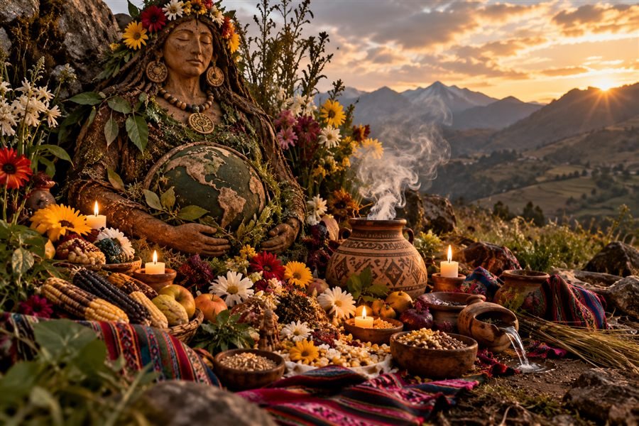 Figura de la Pachamama abrazando la Tierra, rodeada de flores, maíz, frutas, velas, vasijas de barro y tejidos andinos frente a las montañas al atardecer
