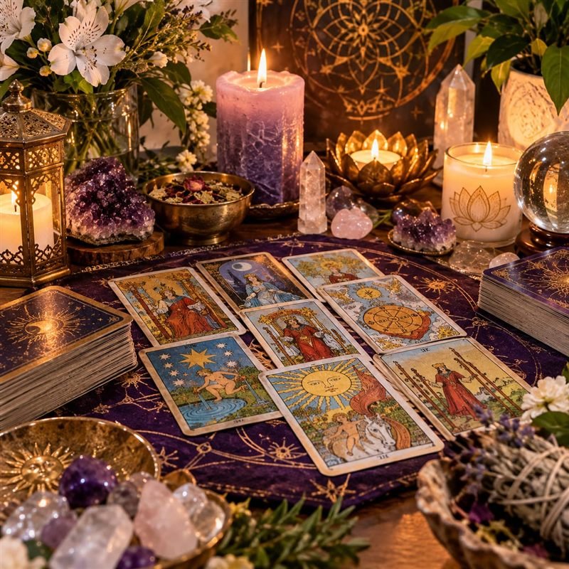 Cartas de tarot sobre un paño morado rodeadas de velas, cristales de amatista y cuarzo, flores y una bola de cristal
